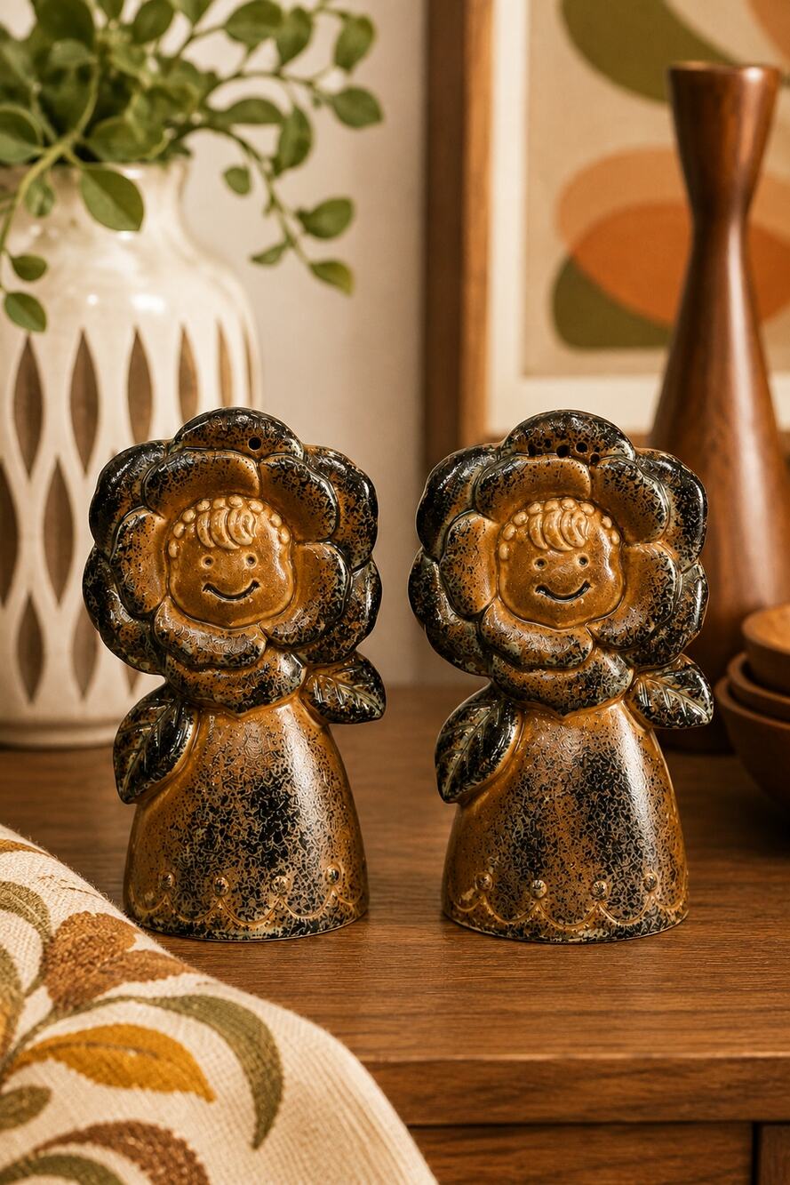 Vintage 1960s Japan Anthropomorphic Flower Salt Pepper Shakers MCM Unused